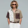 Men's Fashion Contrast Color Patchwork Breathable Cotton Lapel Chest Pocket Loose Short Sleeve Shirt MTA0427G6M sold by Manly