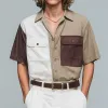 Men's Fashion Contrast Color Patchwork Breathable Cotton Lapel Chest Pocket Loose Short Sleeve Shirt MTA0427G6M sold by Manly