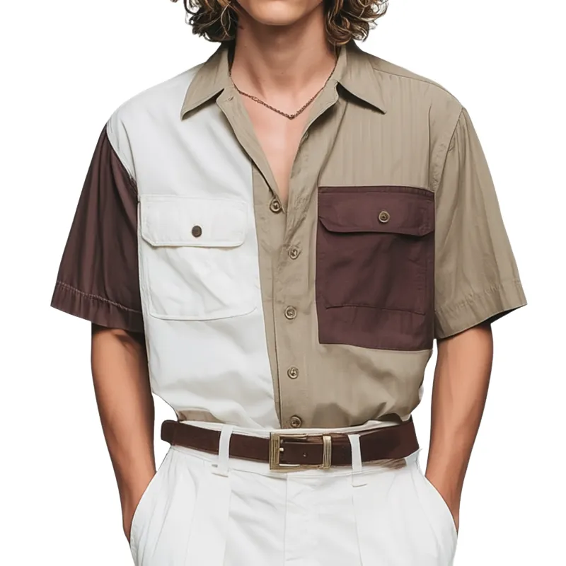 Men's Fashion Contrast Color Patchwork Breathable Cotton Lapel Chest Pocket Loose Short Sleeve Shirt MTA0427G6M sold by Manly
