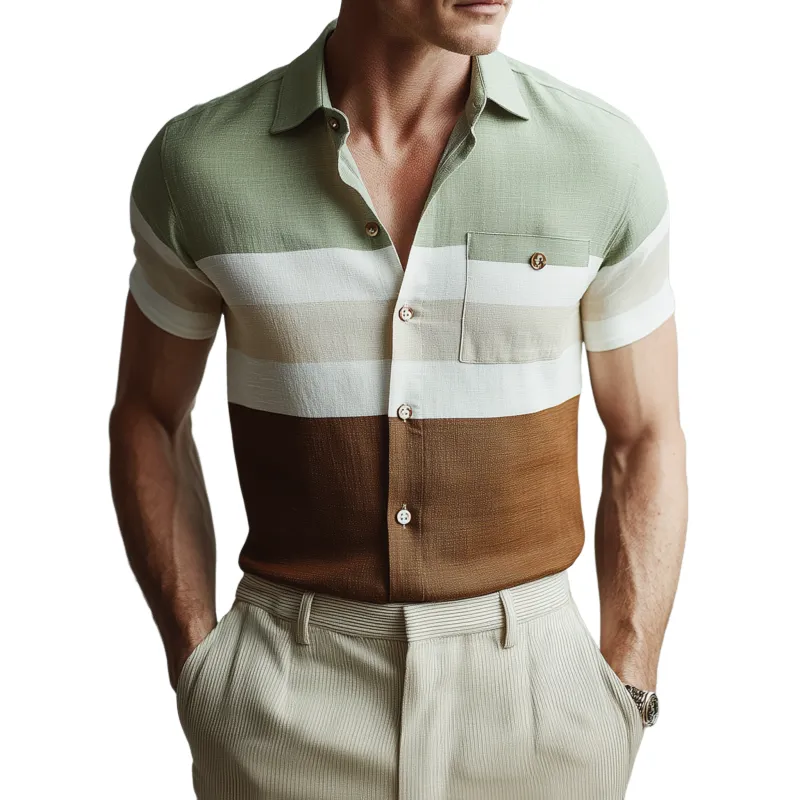 Men's Fashion Contrast Print Lapel Patch Pocket Slim Fit Short Sleeve Shirt MTA0487G8M sold by Manly