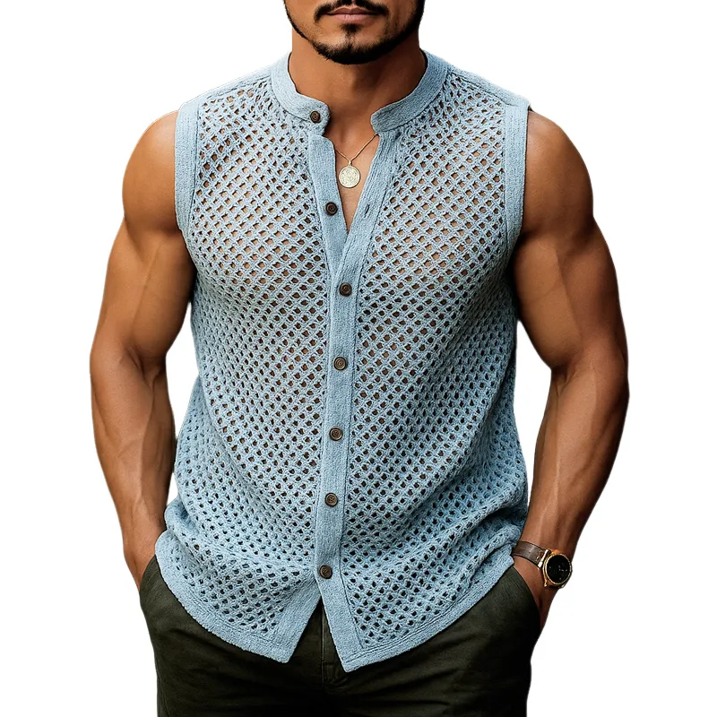 Men’s Solid Hollow Out Sleeveless Single Breasted Knit Tank Top MTA0565G6Z sold by Manly