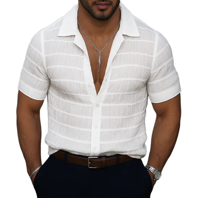 Men's Striped Chiffon Lapel Short Sleeve Shirt MTA0517G5Z sold by Manly