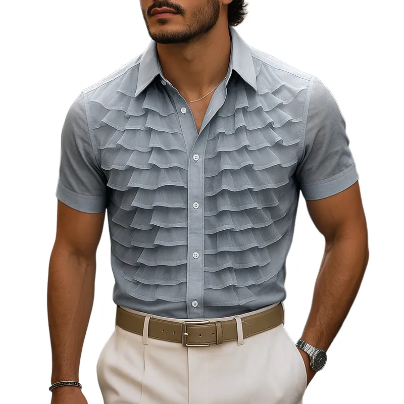 Men's Ruffle Decor Solid Chiffon Lapel Short Sleeve Shirt MTA0577G6Z sold by Manly
