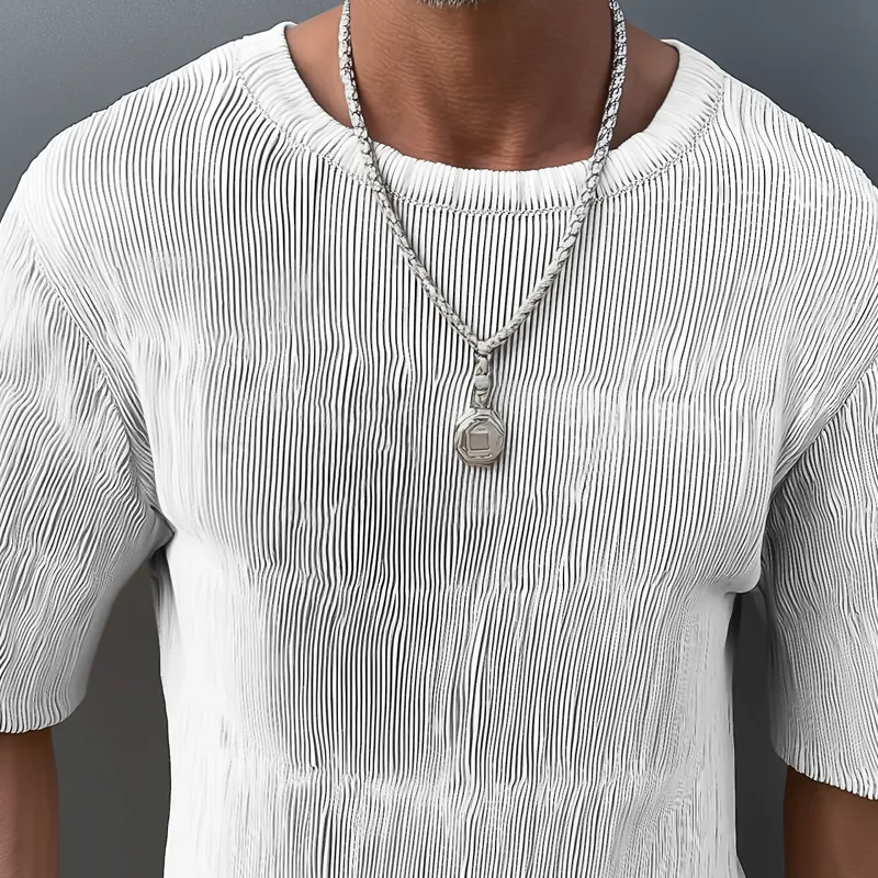 Men's Solid Color Pleated Loose Round Neck Short Sleeve T-shirt MTA0442G7Z sold by Manly product image thumbnail 4