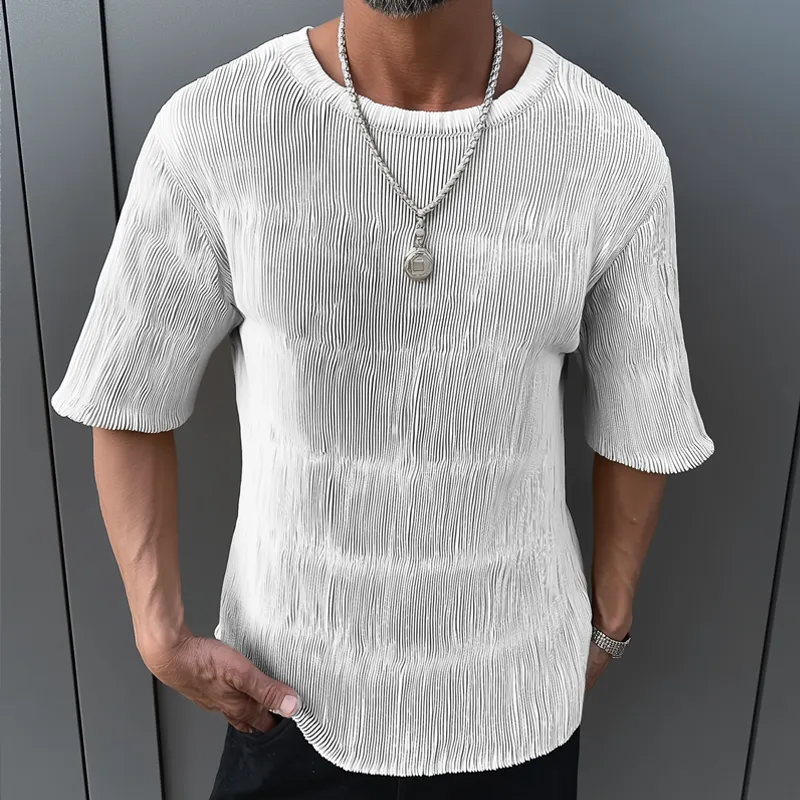 Men's Solid Color Pleated Loose Round Neck Short Sleeve T-shirt MTA0442G7Z sold by Manly product image thumbnail 2