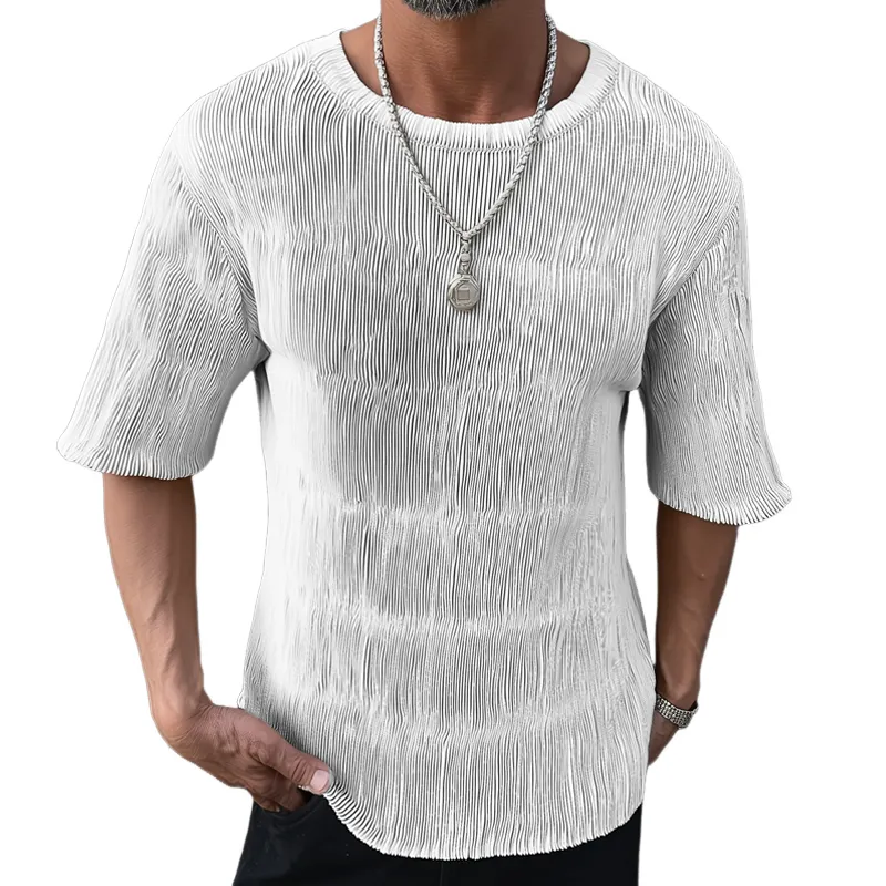 Men's Solid Color Pleated Loose Round Neck Short Sleeve T-shirt MTA0442G7Z sold by Manly