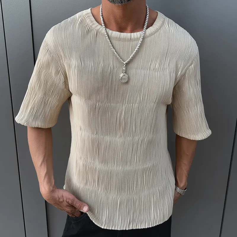 Men's Solid Color Pleated Loose Round Neck Short Sleeve T-shirt MTA0442G7Z sold by Manly product image thumbnail 3