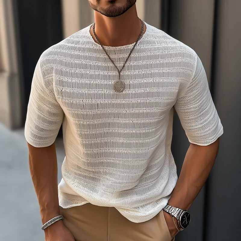 Men's Textured Striped Solid Color Round Neck Short Sleeve T-shirt MTA0400G4Z sold by Manly product image thumbnail 2