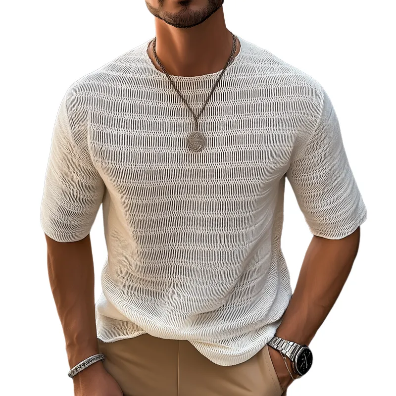 Men's Textured Striped Solid Color Round Neck Short Sleeve T-shirt MTA0400G4Z sold by Manly