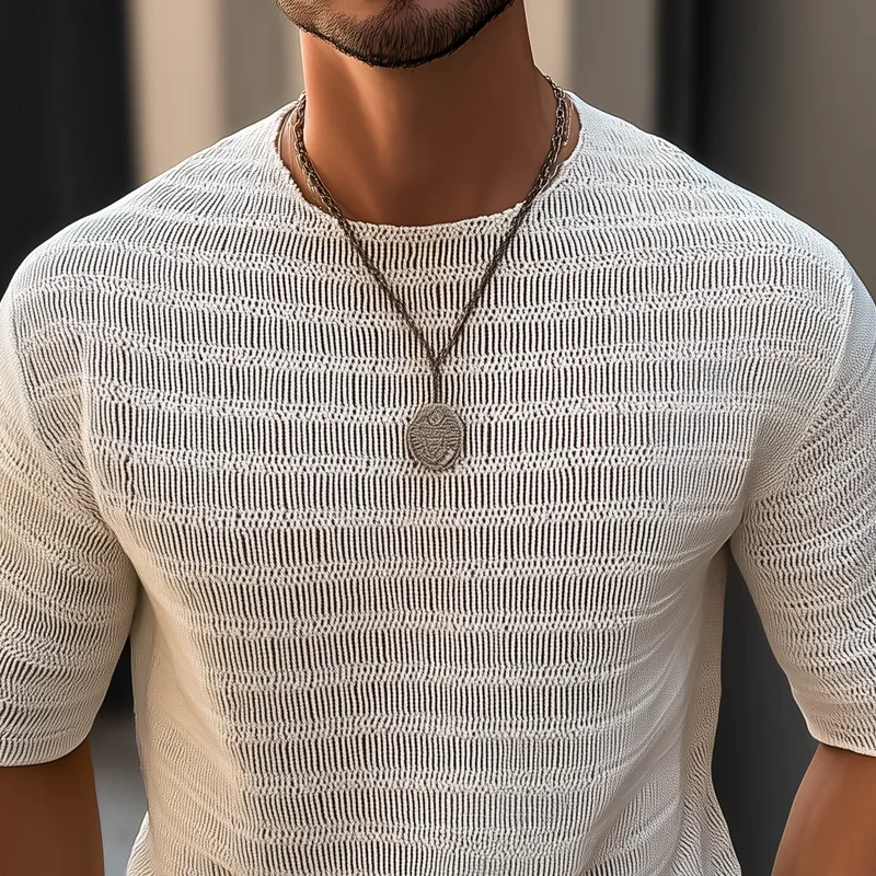 Men's Textured Striped Solid Color Round Neck Short Sleeve T-shirt MTA0400G4Z sold by Manly product image thumbnail 3