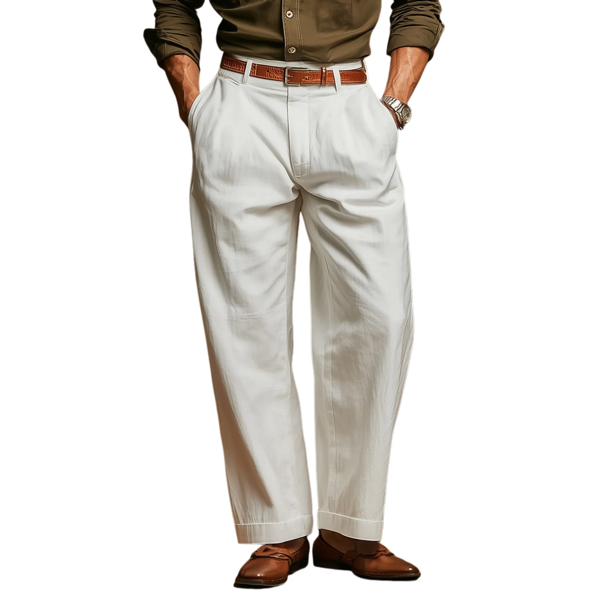 Men's Casual Solid Color Breathable Cotton Straight Suit Pants (Belt Excluded) MTA0433G0M sold by Manly