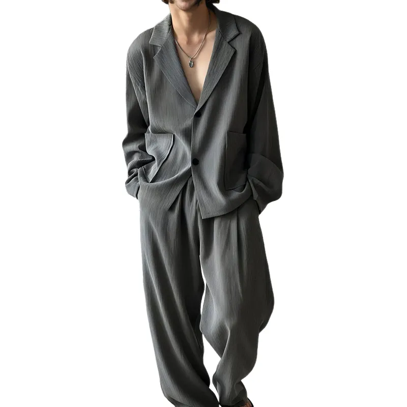 Men's Fashion Ribbed Cuban Collar Single Breasted Loose Long Sleeve Shirt Elastic Waist Straight Pants Set MTA0435G1M sold by Manly