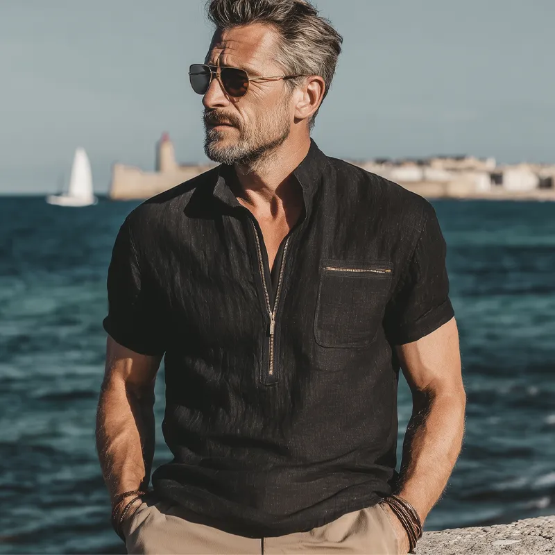 Men's Summer Retro Stand Collar Half Zip Cotton Short Sleeve T-Shirt MTA0508G0U sold by Manly product image thumbnail 3