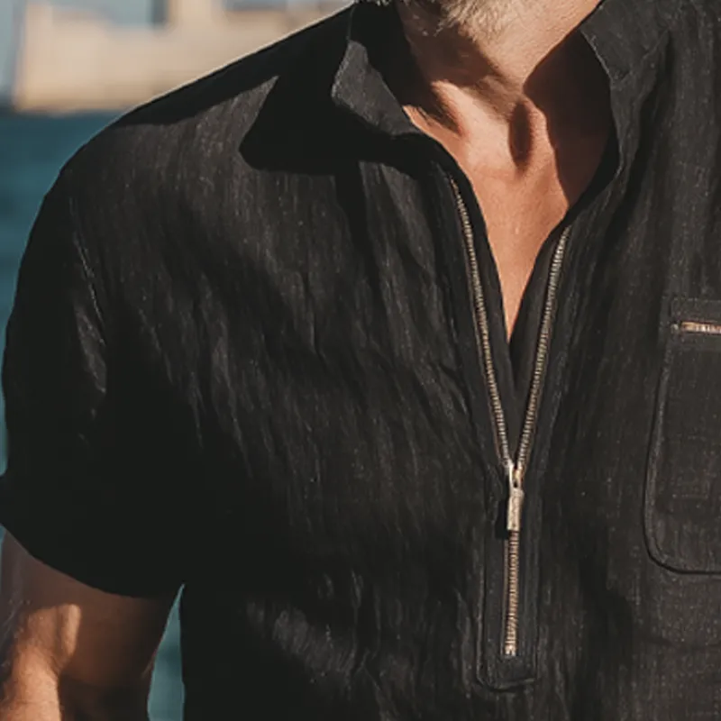 Men's Summer Retro Stand Collar Half Zip Cotton Short Sleeve T-Shirt MTA0508G0U sold by Manly product image thumbnail 4