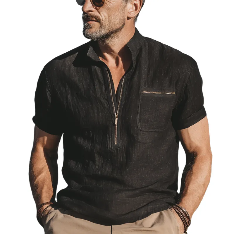 Men's Summer Retro Stand Collar Half Zip Cotton Short Sleeve T-Shirt MTA0508G0U sold by Manly