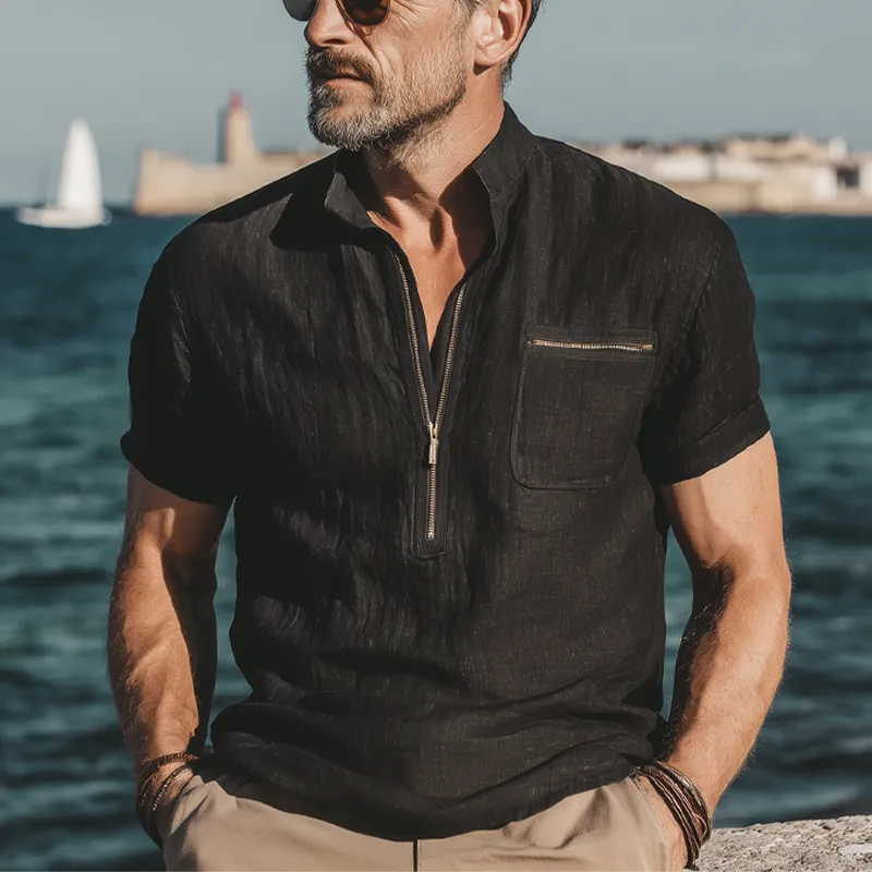 Men's Summer Retro Stand Collar Half Zip Cotton Short Sleeve T-Shirt MTA0508G0U sold by Manly product image thumbnail 2