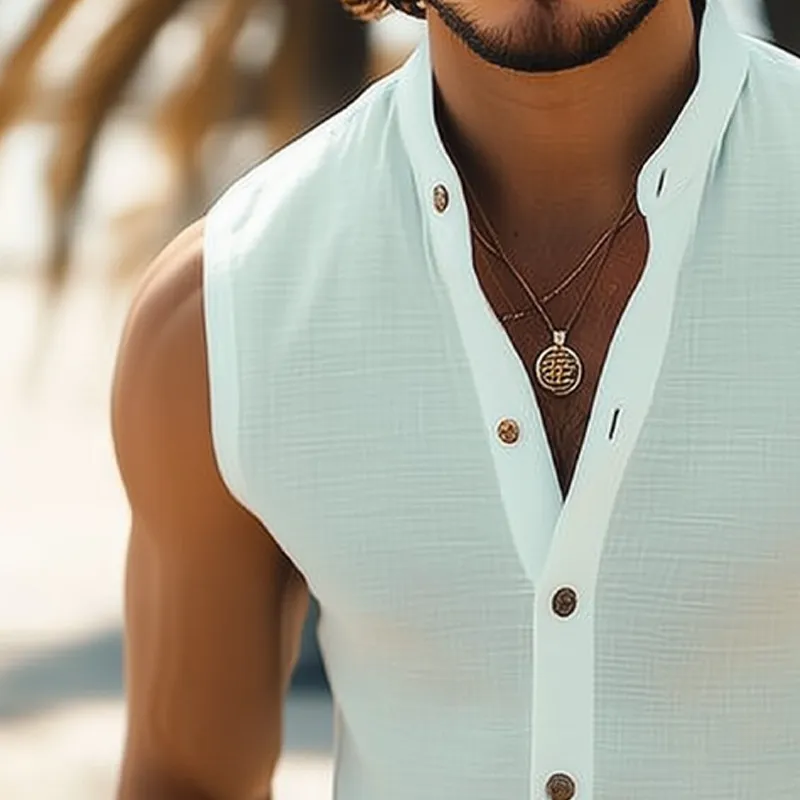 Men's Summer Basic Stand Collar Texture Sleeveless Shirt MTA0513G3U sold by Manly product image thumbnail 3