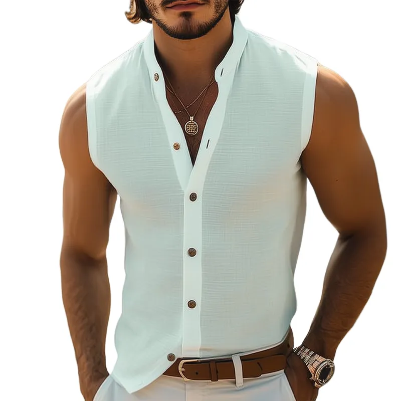 Men's Summer Basic Stand Collar Texture Sleeveless Shirt MTA0513G3U sold by Manly
