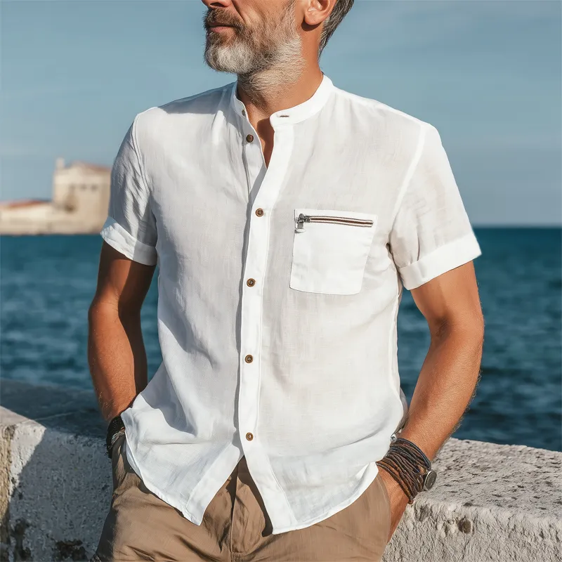 Men's Summer Basic Cotton Stand Collar Short Sleeve Shirt MTA0561G9U sold by Manly product image thumbnail 2