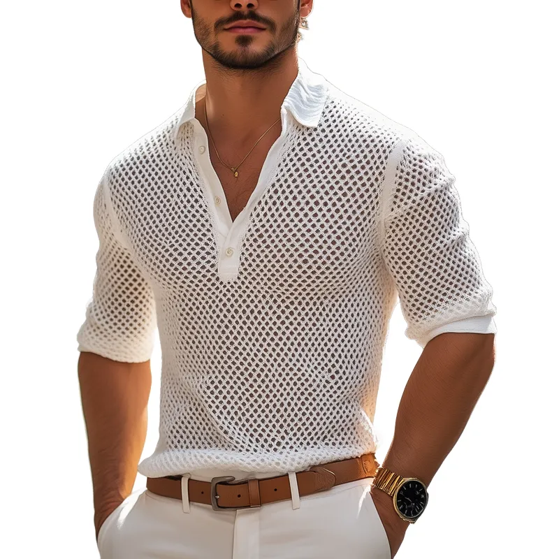 Men's Solid Knit Hollow Out Lapel Long Sleeve Polo Shirt MTA0477G0Z sold by Manly