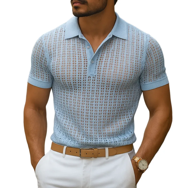Men's Solid Knit Hollow Out Lapel Short Sleeve Polo Shirt MTA0319G3Z sold by Manly