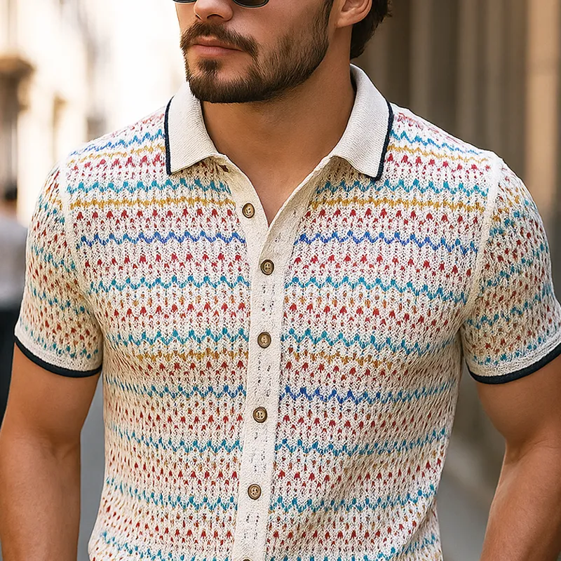 Men's Coloring Wave Striped Knit Lapel Short Sleeve Shirt MTA0446G7Z sold by Manly product image thumbnail 3