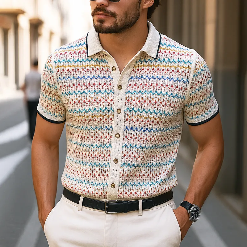 Men's Coloring Wave Striped Knit Lapel Short Sleeve Shirt MTA0446G7Z sold by Manly product image thumbnail 2