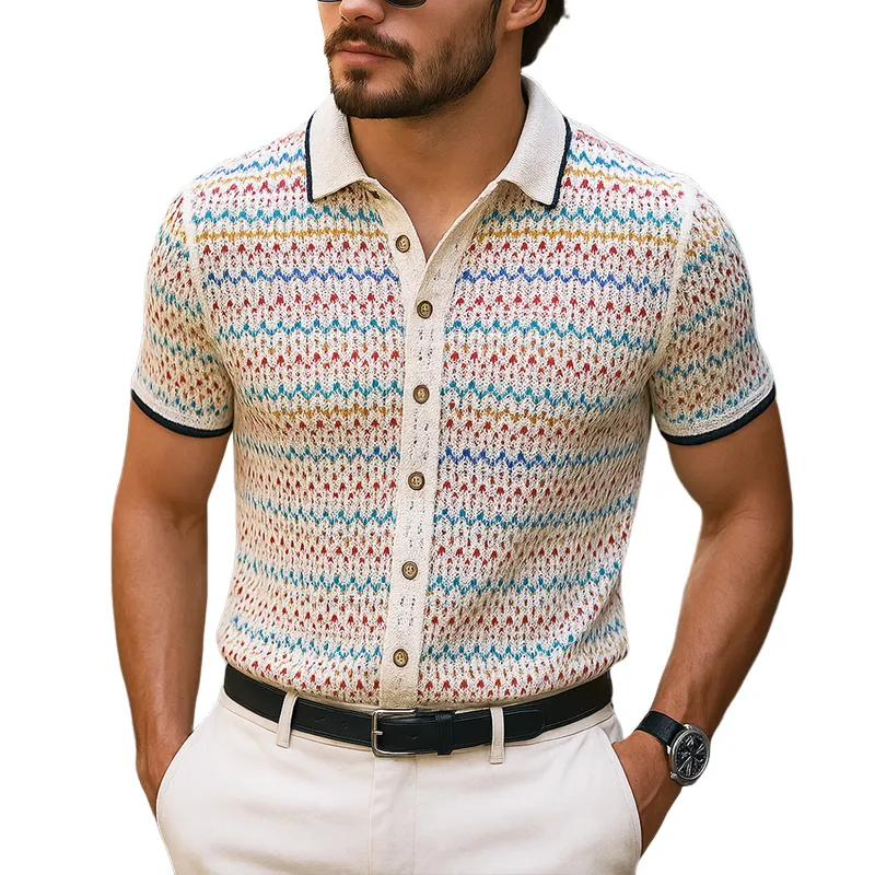 Men's Coloring Wave Striped Knit Lapel Short Sleeve Shirt MTA0446G7Z sold by Manly