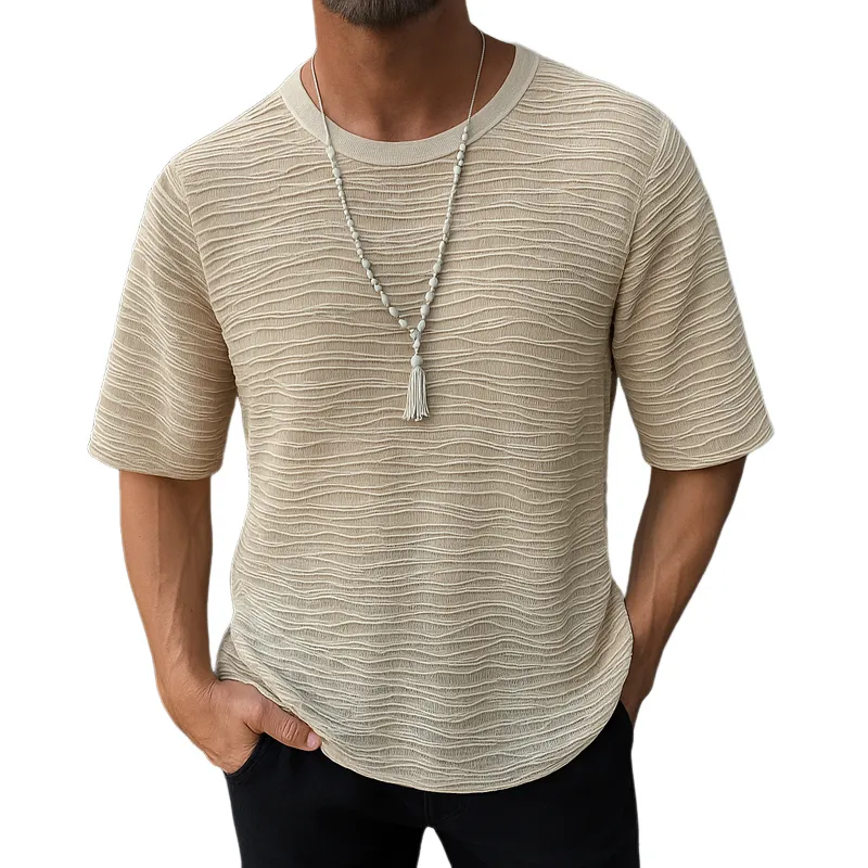 Men's Solid Wave Striped Textured Round Neck Short Sleeve T-shirt MTA0488G9Z sold by Manly