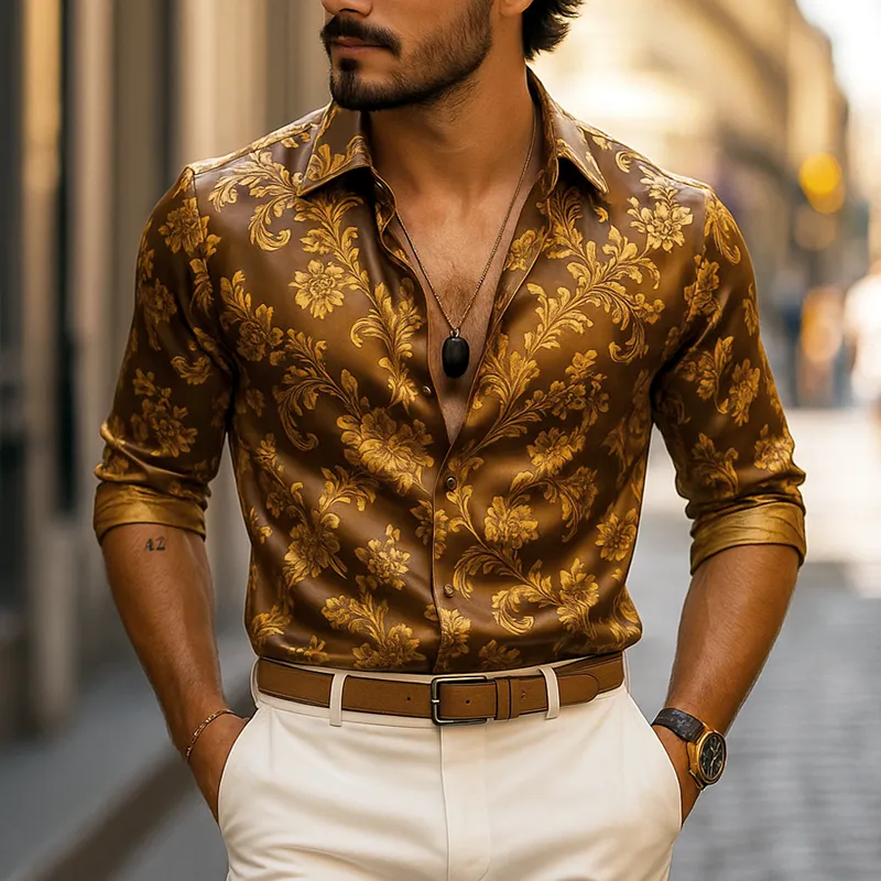 Men's Vintage Print Lapel Long Sleeve Shirt MTA0423G3Z sold by Manly product image thumbnail 2