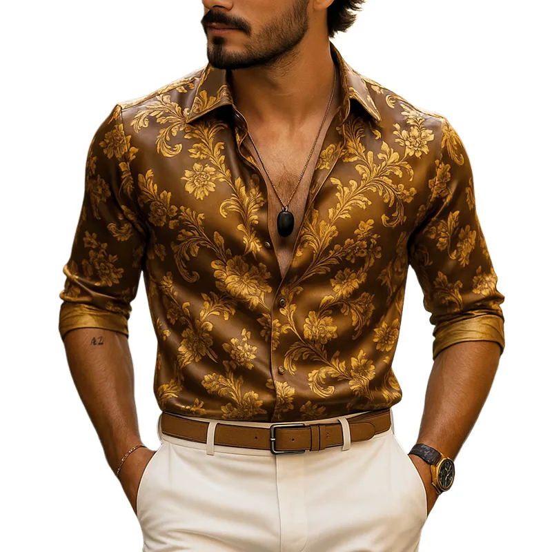 Men's Vintage Print Lapel Long Sleeve Shirt MTA0423G3Z sold by Manly