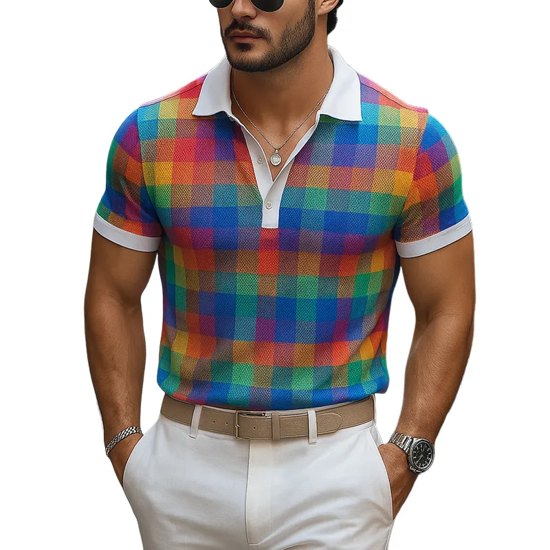 Men's Coloring Plaid Lapel Short Sleeve Polo Shirt MTA0434G4Z sold by Manly