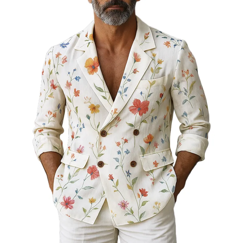 Men's Floral Notch Lapel Double Breasted Chiffon Blazer MTA0431G5Z sold by Manly