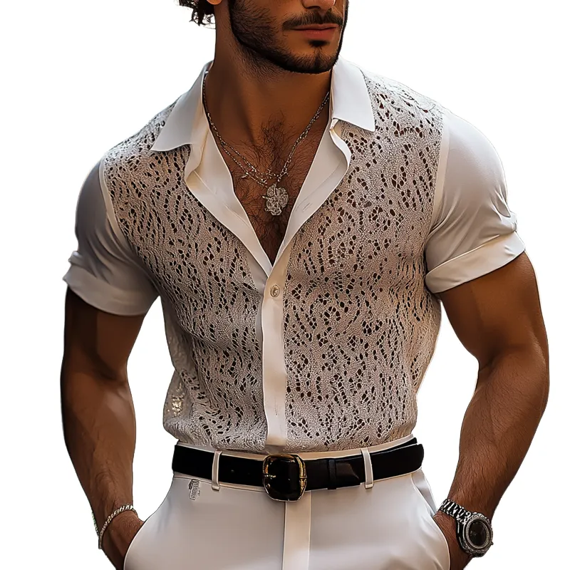 Men's Lace And Chiffon Stitching Lapel Short Sleeve Shirt MTA0473G2Z sold by Manly
