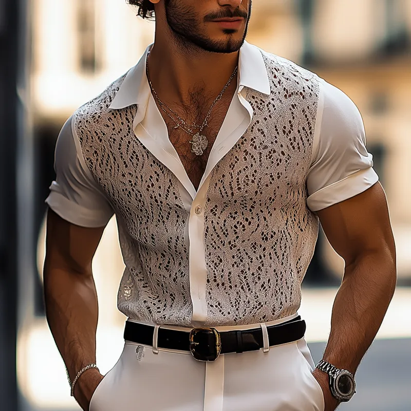 Men's Lace And Chiffon Stitching Lapel Short Sleeve Shirt MTA0473G2Z sold by Manly product image thumbnail 2