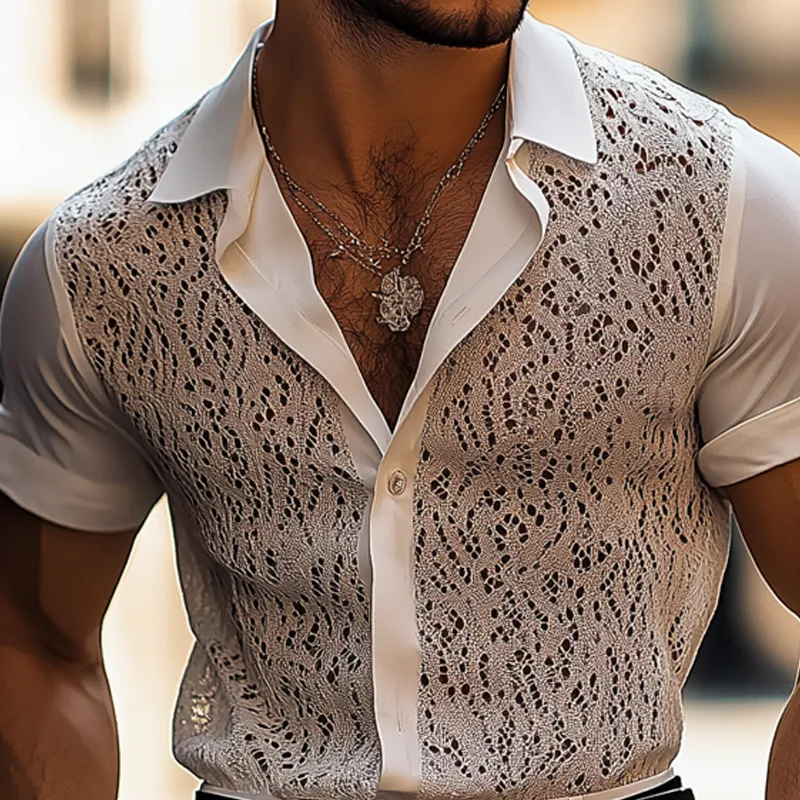 Men's Lace And Chiffon Stitching Lapel Short Sleeve Shirt MTA0473G2Z sold by Manly product image thumbnail 3