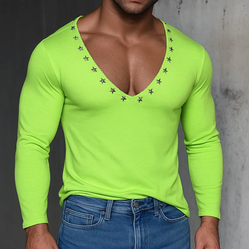 Men's Metal Star Decoration V Neck Long Sleeve T-shirt MTA0498G4Z sold by Manly product image thumbnail 2
