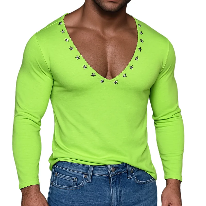 Men's Metal Star Decoration V Neck Long Sleeve T-shirt MTA0498G4Z sold by Manly