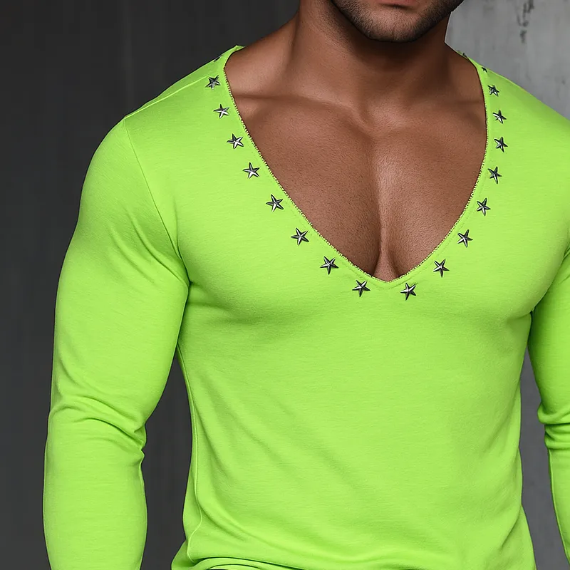 Men's Metal Star Decoration V Neck Long Sleeve T-shirt MTA0498G4Z sold by Manly product image thumbnail 3