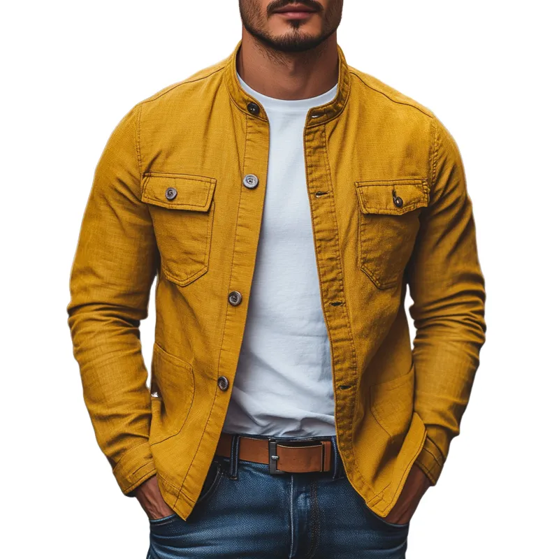 Men's Casual Breathable Solid Color Cotton Stand Collar Single Breasted Multi-pocket Cargo Jacket MTA0347G1M sold by Manly