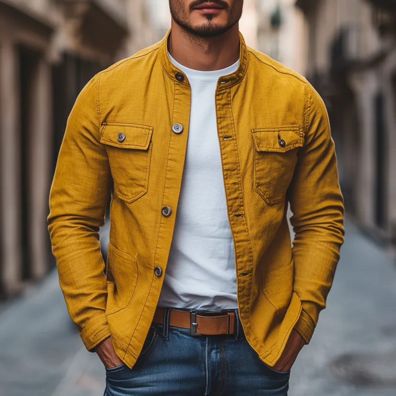 Men's Casual Breathable Solid Color Cotton Stand Collar Single Breasted Multi-pocket Cargo Jacket MTA0347G1M sold by Manly product image thumbnail 2