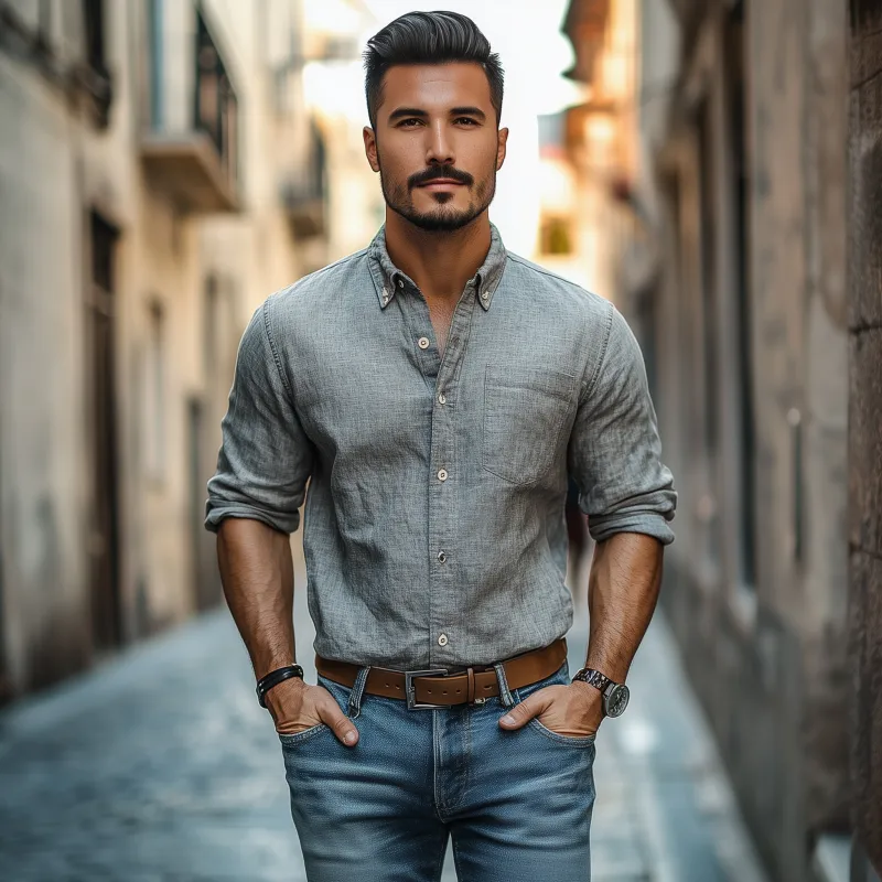 Men's Casual Breathable Cotton Linen Lapel Patch Pocket Slim Fit Long Sleeve Shirt MTA0349G3M sold by Manly product image thumbnail 3