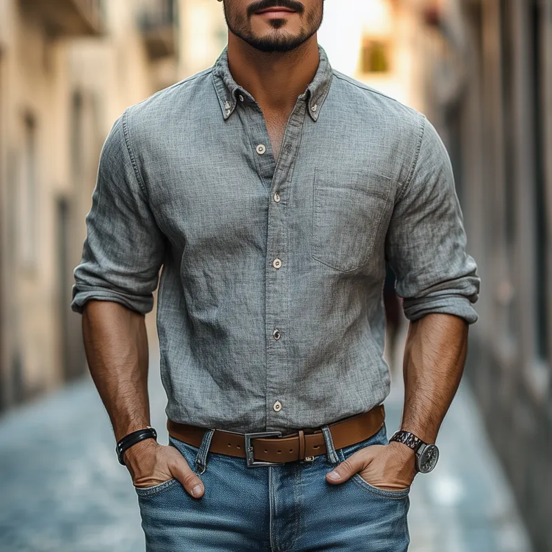 Men's Casual Breathable Cotton Linen Lapel Patch Pocket Slim Fit Long Sleeve Shirt MTA0349G3M sold by Manly product image thumbnail 2