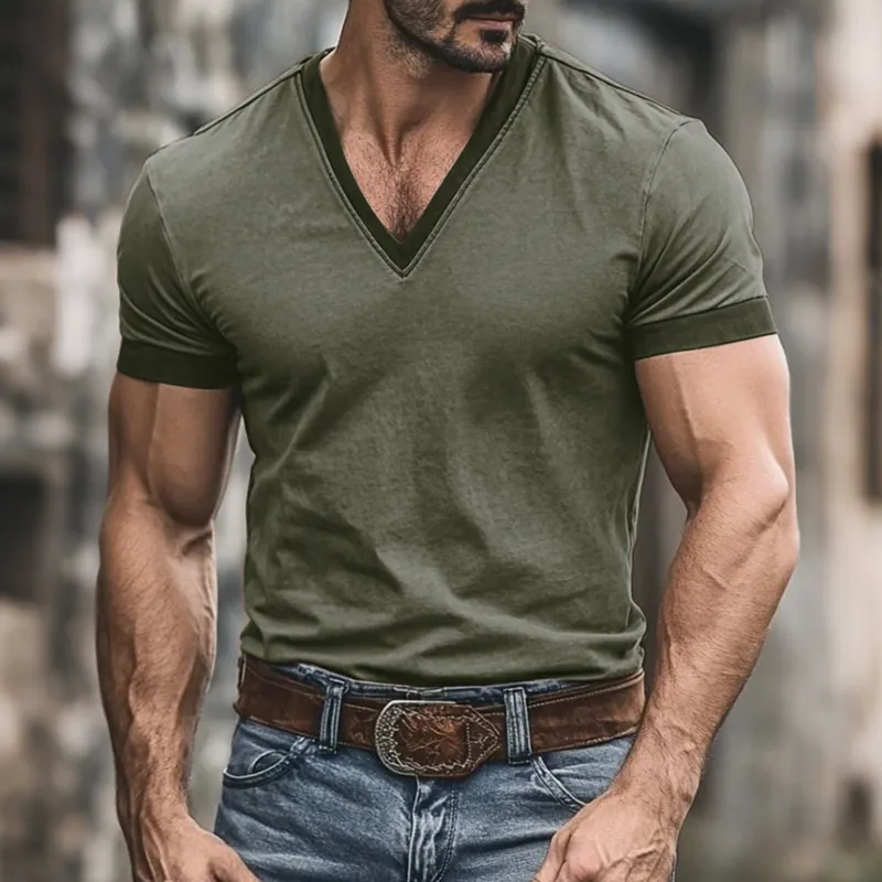 Men's Fashion Colorblock Patchwork Breathable Cotton V Neck Slim Fit Short Sleeve T-shirt MTA0347G4M sold by Manly product image thumbnail 2