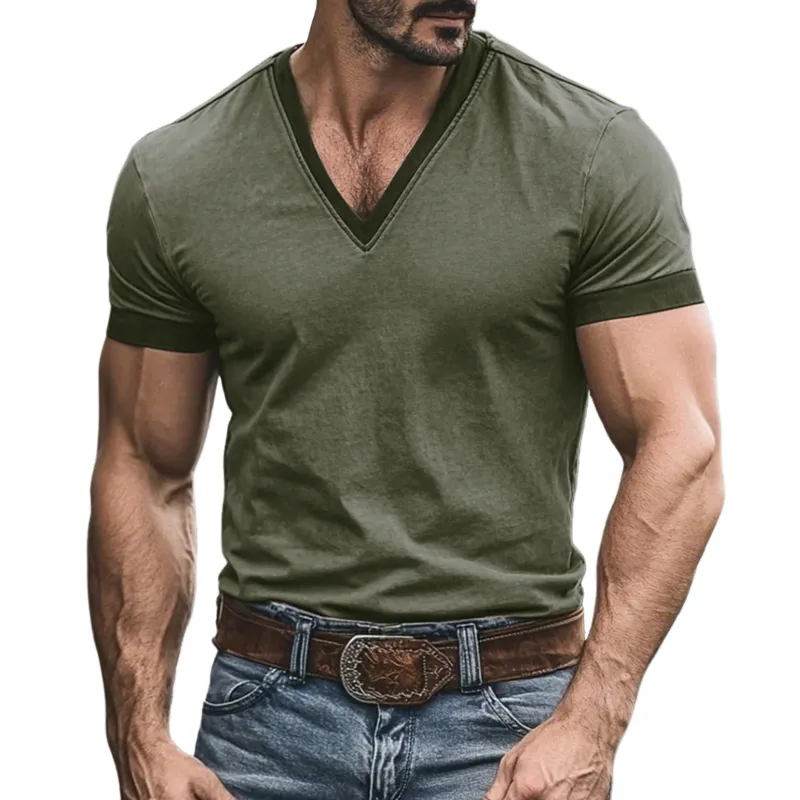 Men's Fashion Colorblock Patchwork Breathable Cotton V Neck Slim Fit Short Sleeve T-shirt MTA0347G4M sold by Manly