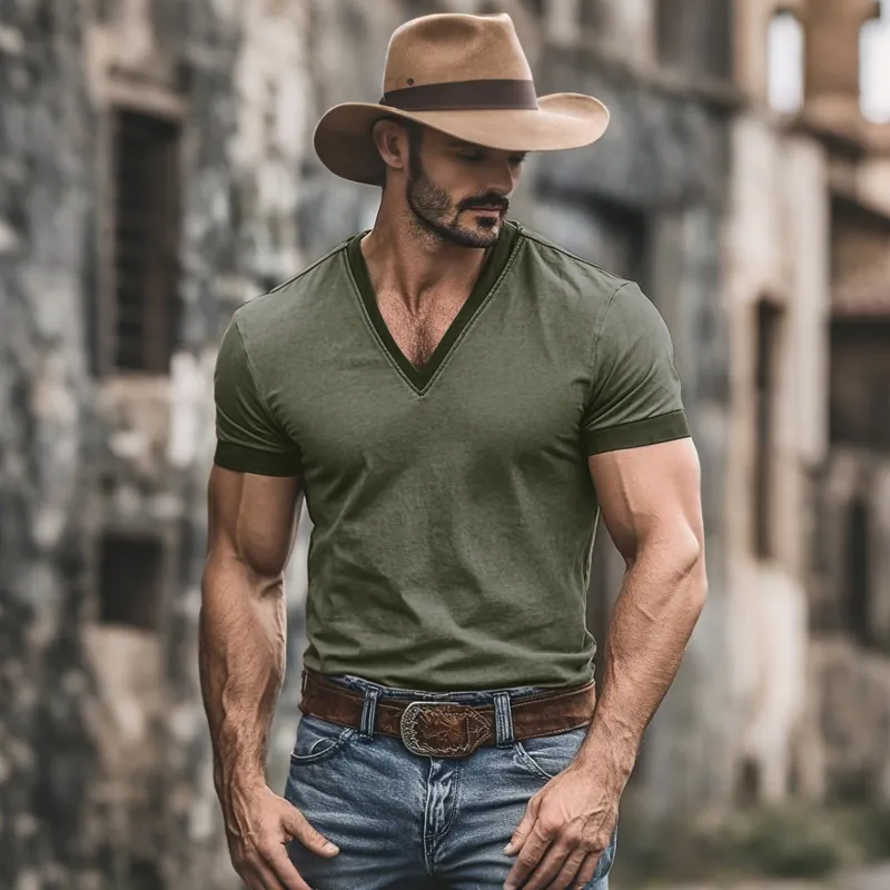 Men's Fashion Colorblock Patchwork Breathable Cotton V Neck Slim Fit Short Sleeve T-shirt MTA0347G4M sold by Manly product image thumbnail 3