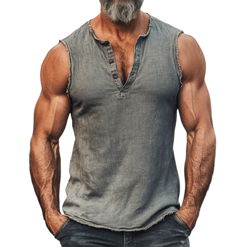 Men's Fashion Breathable Denim Washed Distressed Raw Edge Henry Collar Slim Fit Tank Top MTA0386G2M sold by Manly