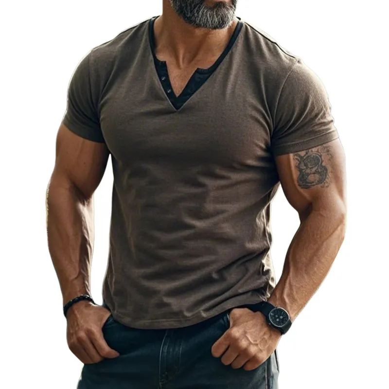 Men's Fashion Colorblock Breathable Cotton Fake Two-piece V-neck Slim Short-sleeved T-shirt MTA0322G2M sold by Manly