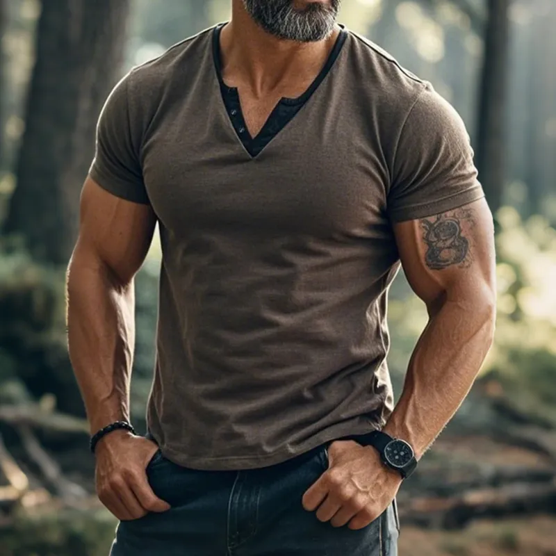 Men's Fashion Colorblock Breathable Cotton Fake Two-piece V-neck Slim Short-sleeved T-shirt MTA0322G2M sold by Manly product image thumbnail 2