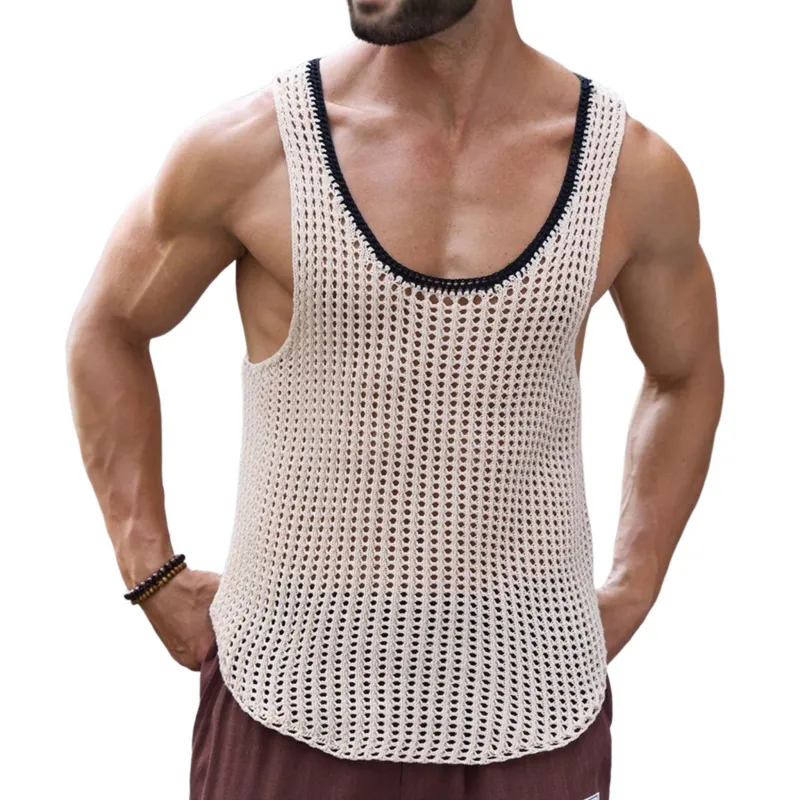 Men's Casual Elegant Solid Color Hollow Jacquard Deep U-neck Slim Fit Knitted Tank Top MTA0439G2M sold by Manly